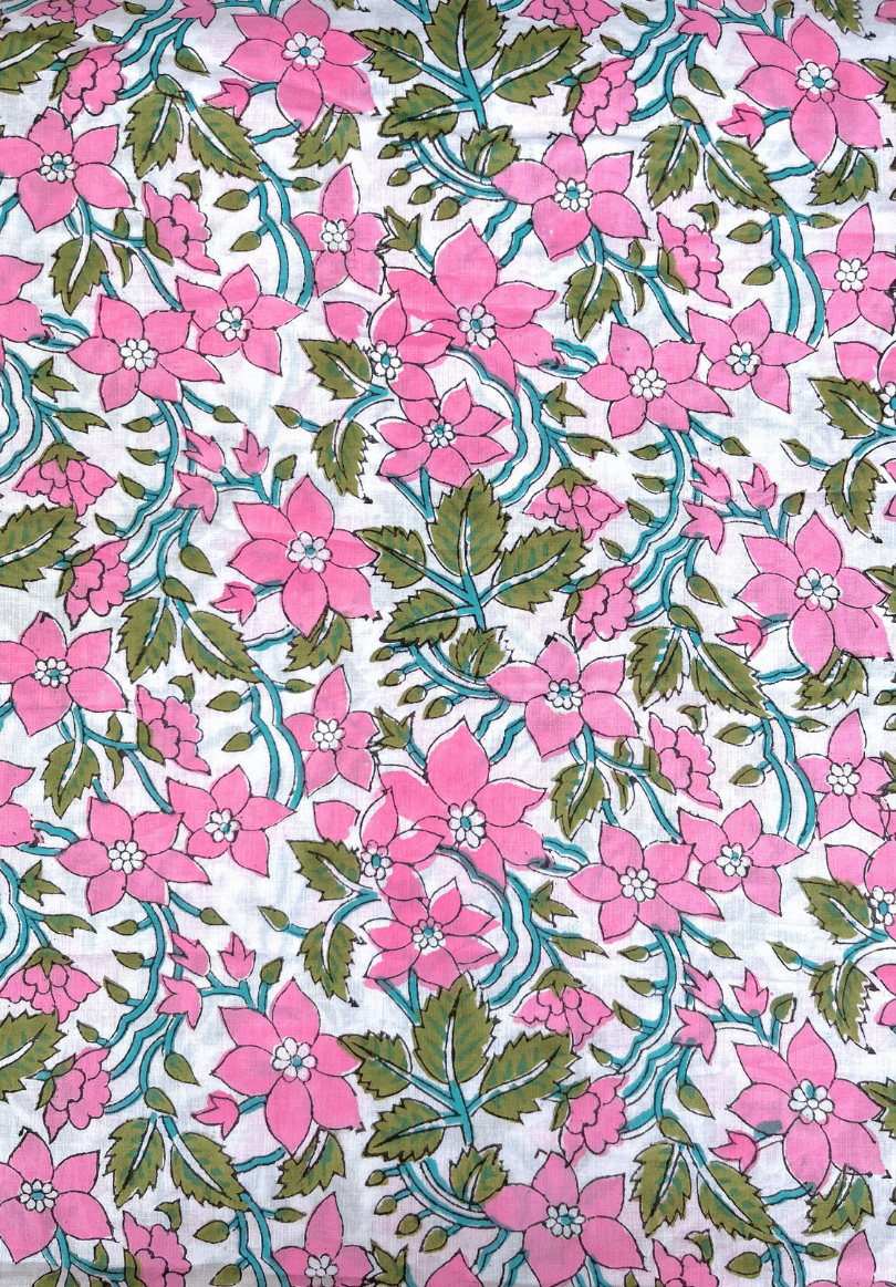 Elegant Pink Garden Hand Block Cotton Fabric