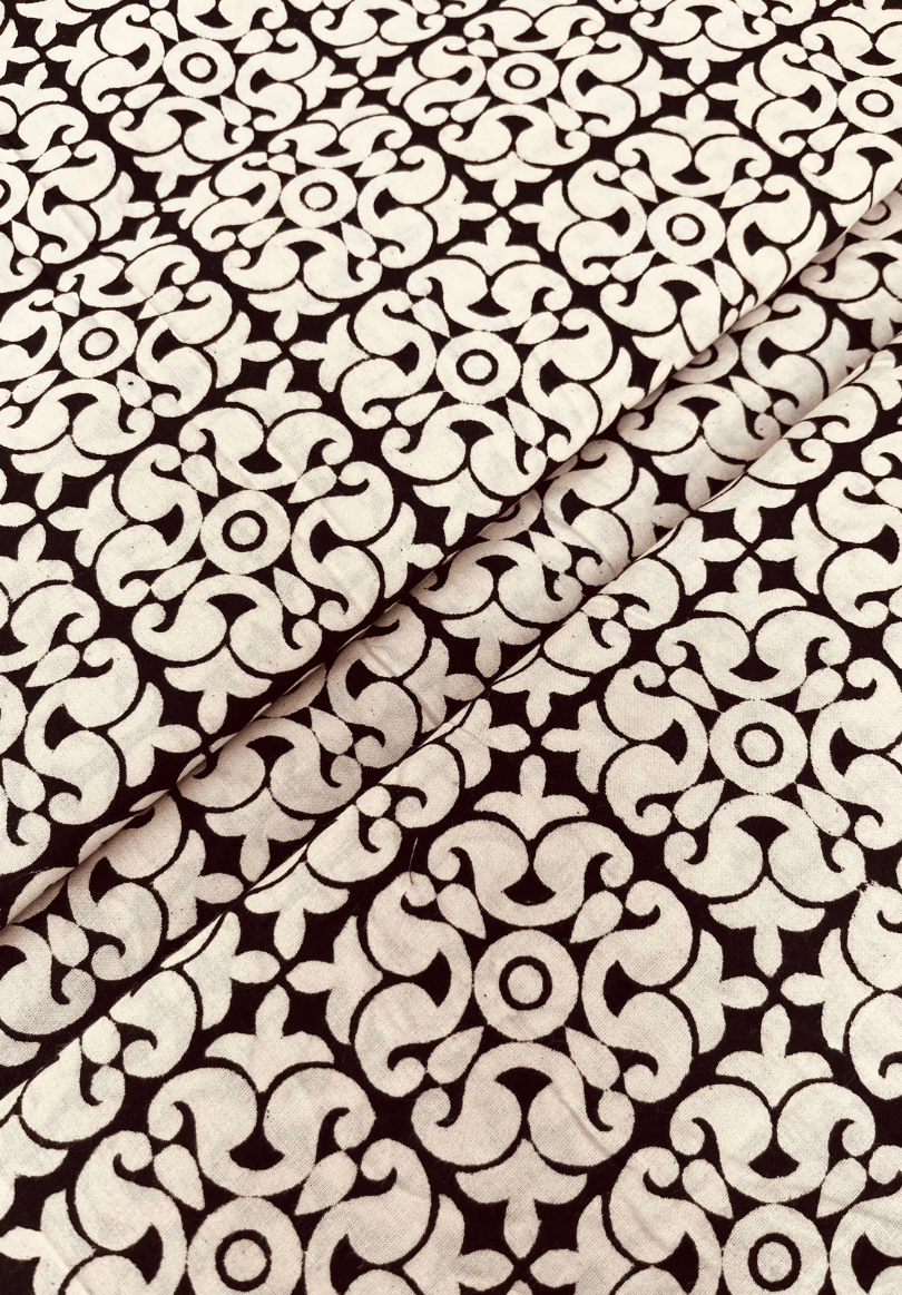 Traditional Floral Block Print Cotton Fabric – Black & White Elegance