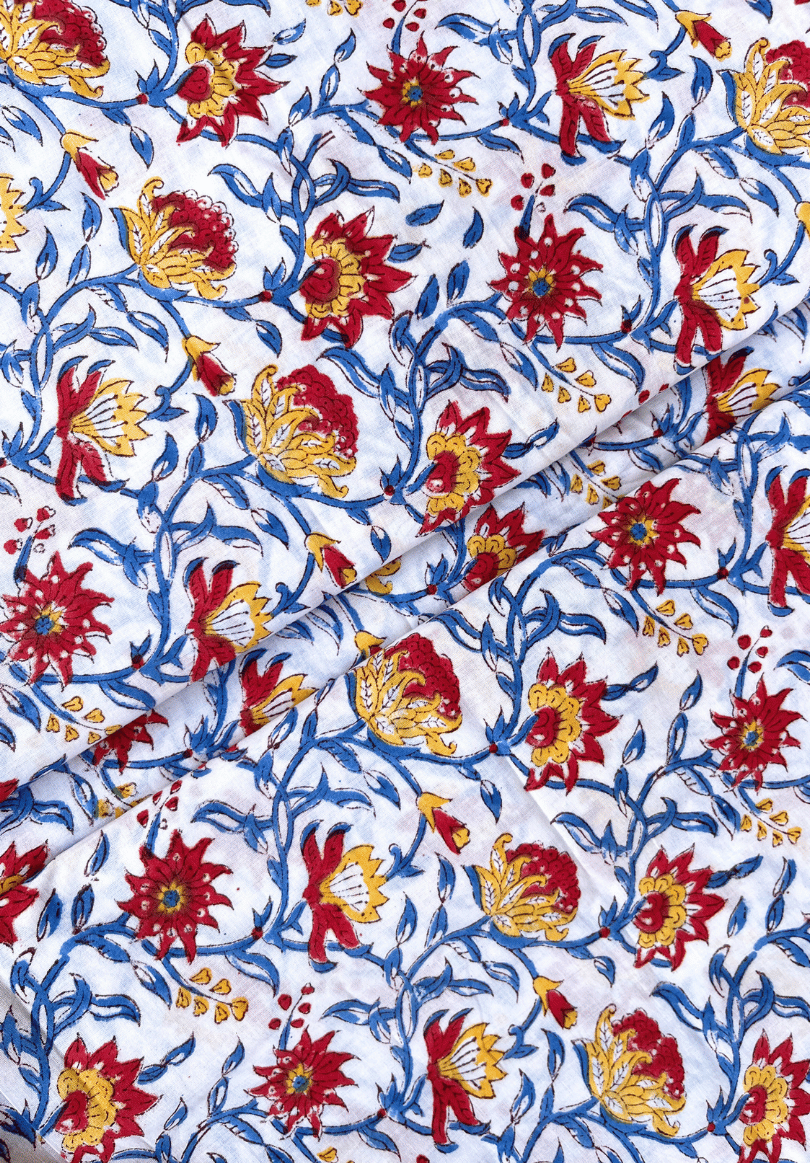 Handcrafted Cotton Fabric with Bright Floral Block Print