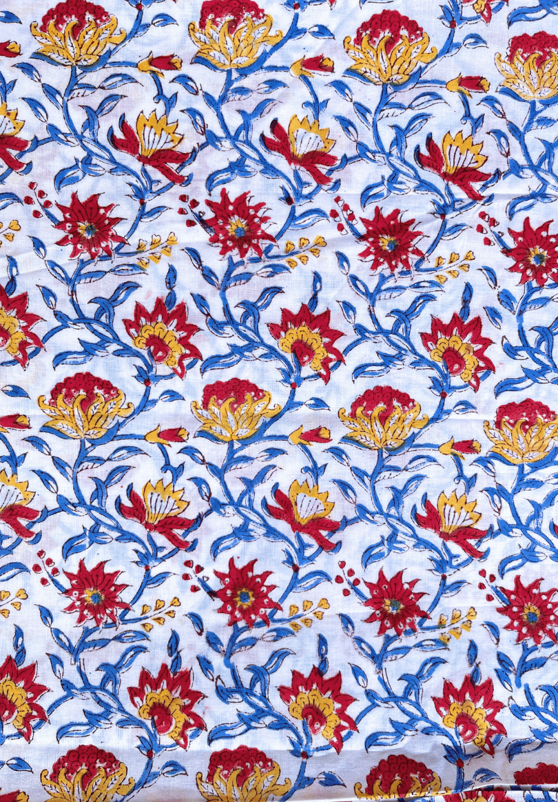 Handcrafted Cotton Fabric with Bright Floral Block Print