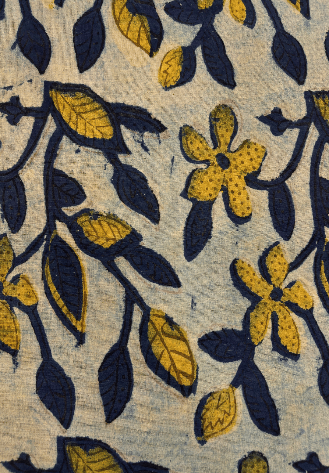 Vanaspati Floral Cotton Fabric with Hand-Printed Blue & Yellow Leaf Design Textile