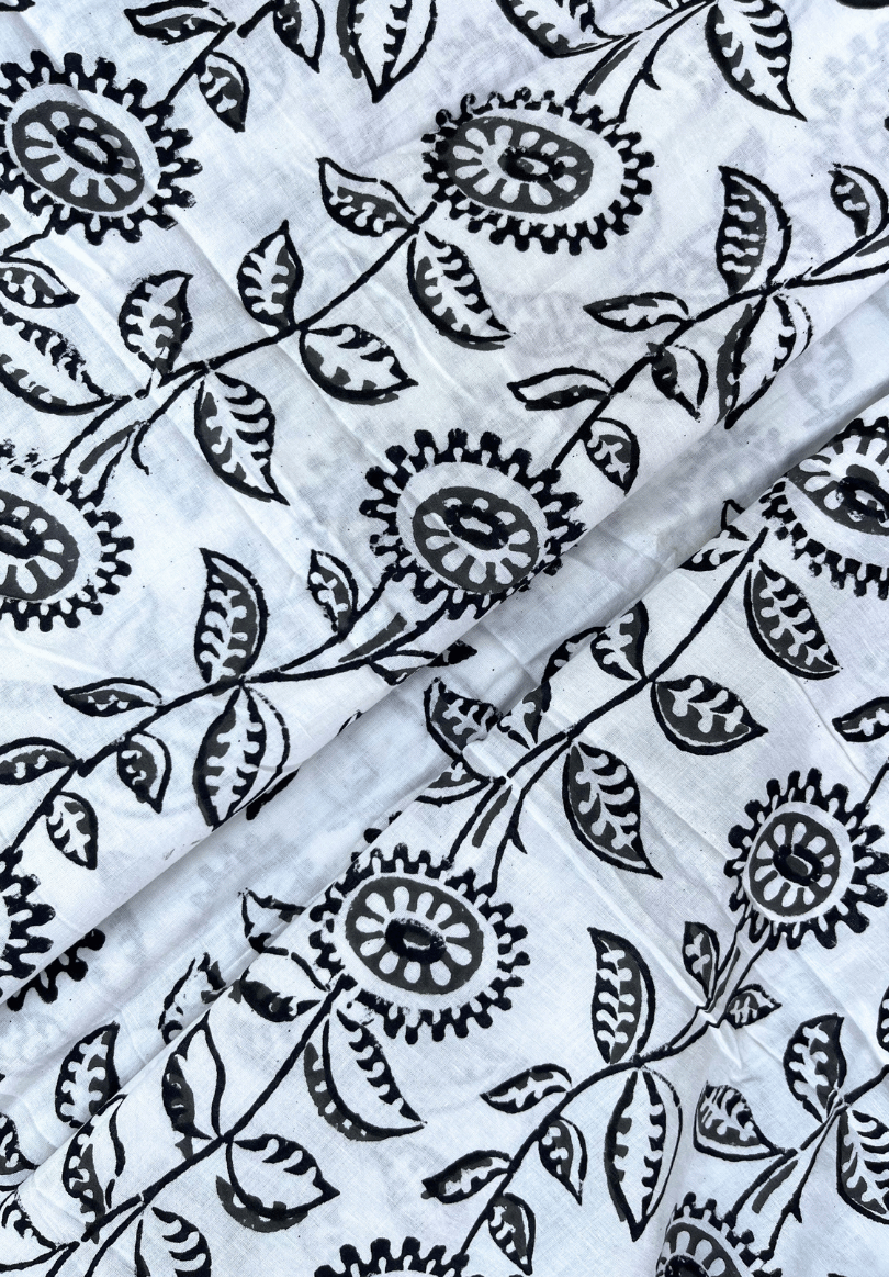 Classic White Cotton with Black Floral Block Print