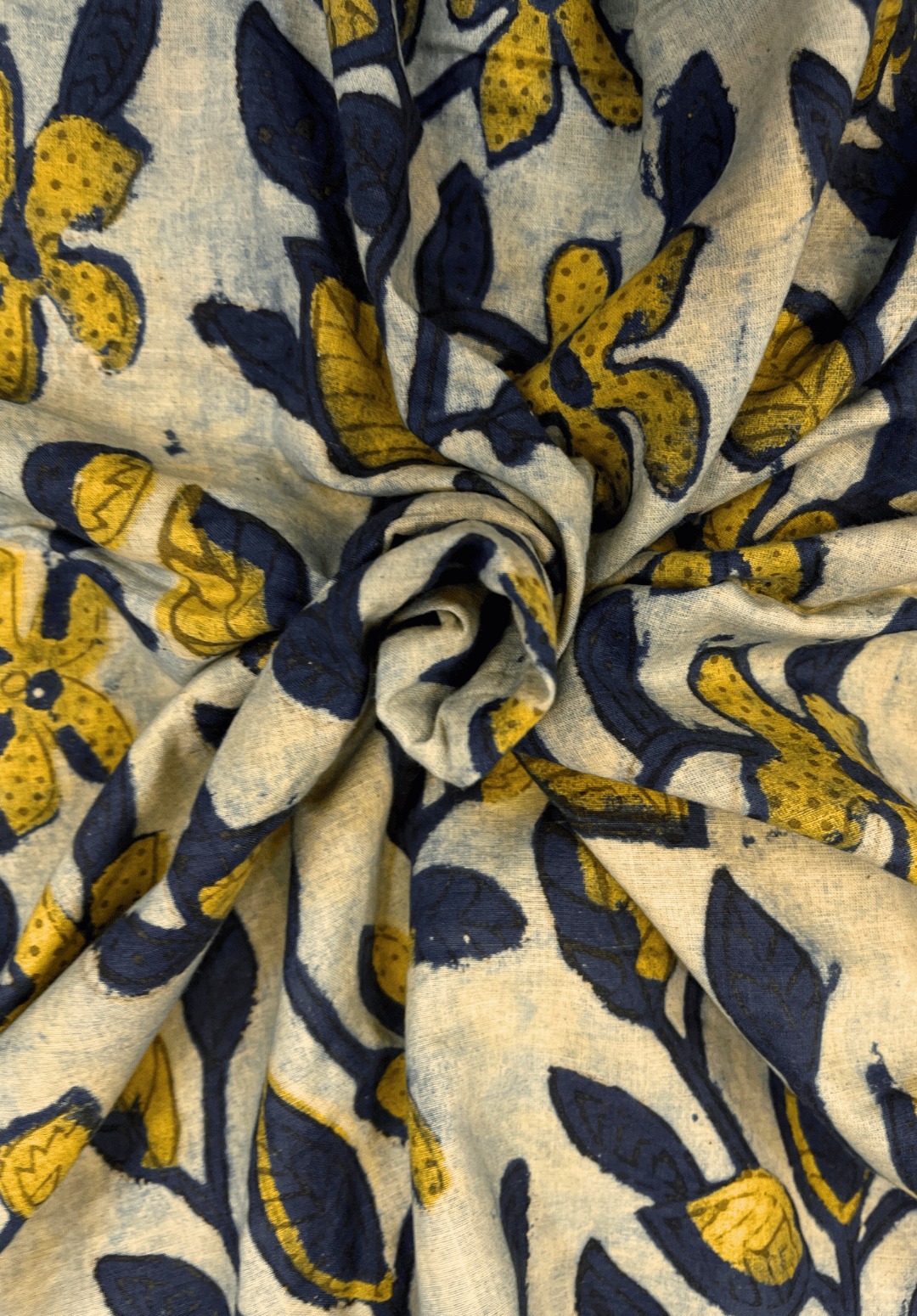 Vanaspati Floral Cotton Fabric with Hand-Printed Blue & Yellow Leaf Design Textile
