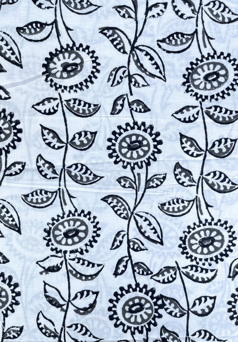 Classic White Cotton with Black Floral Block Print