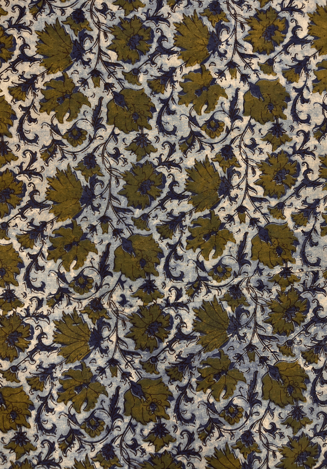 Hand-Printed Vanaspati Cotton Fabric Intricate Blue & Olive Green Botanical Textile