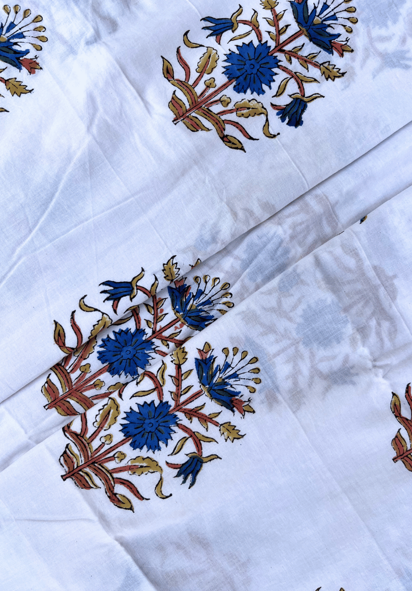 Traditional Indian Hand Block Print Blue Blossoms on White Cotton
