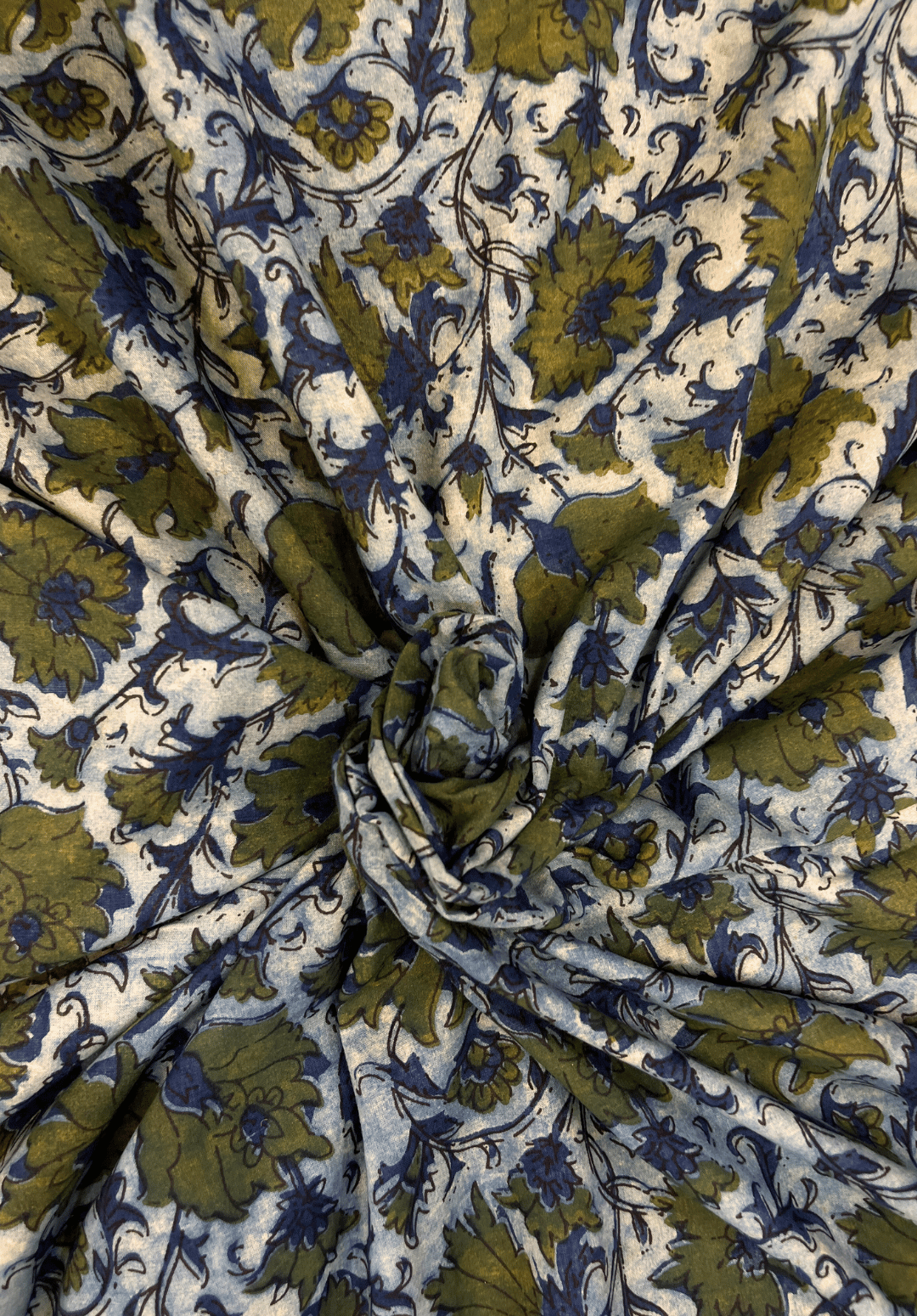Hand-Printed Vanaspati Cotton Fabric Intricate Blue & Olive Green Botanical Textile