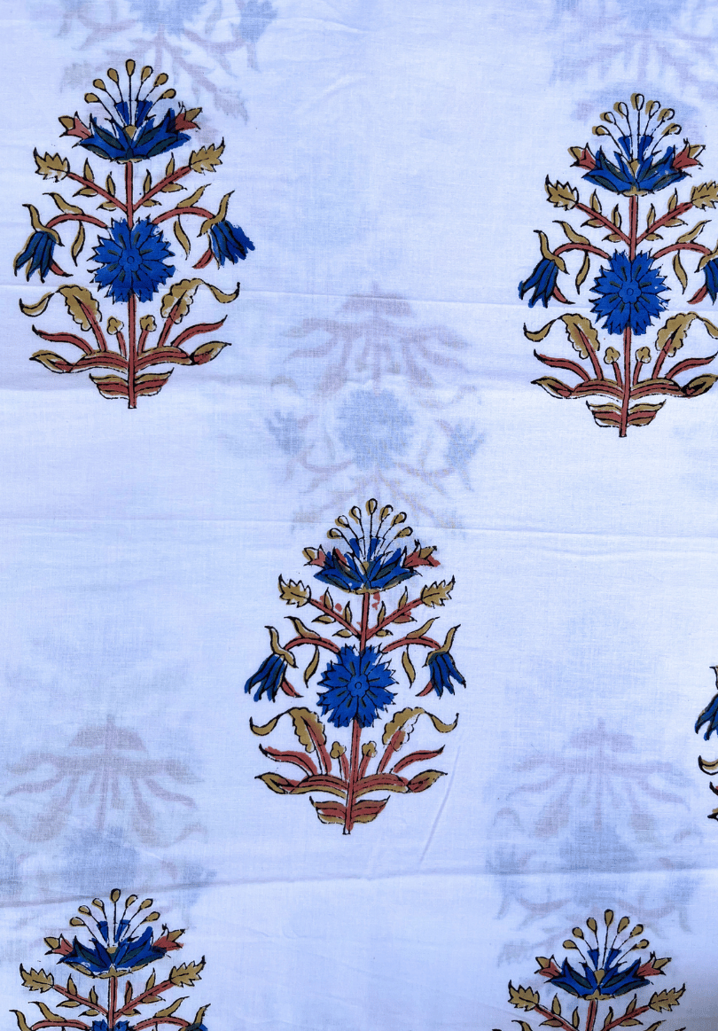 Traditional Indian Hand Block Print Blue Blossoms on White Cotton