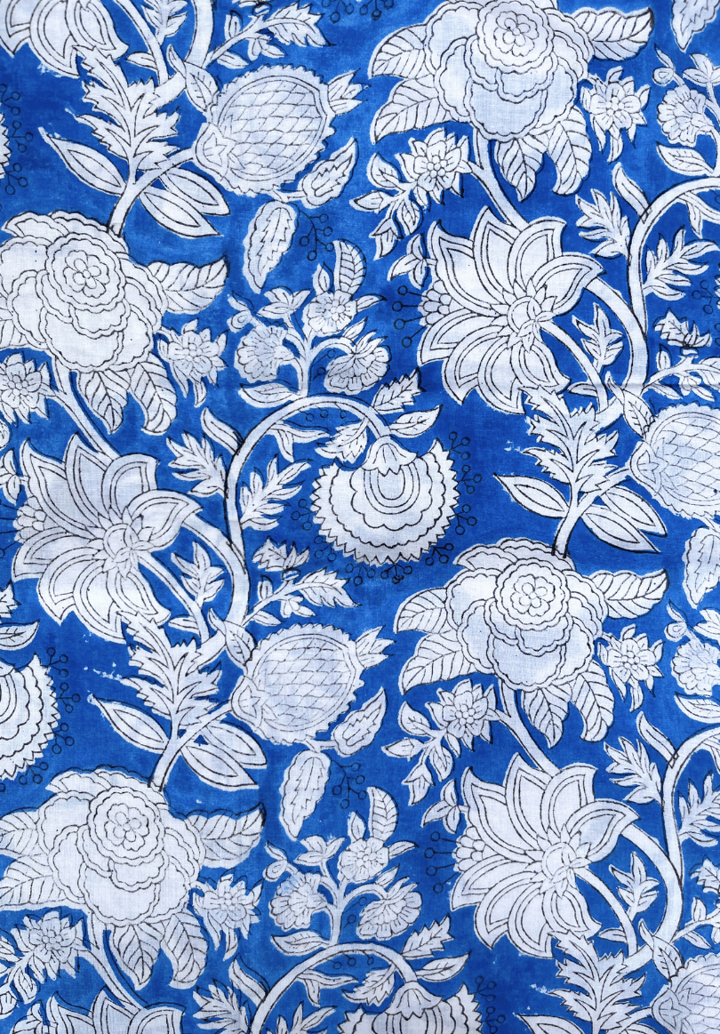 Classic Blue Background with White Folk Botanical Motifs