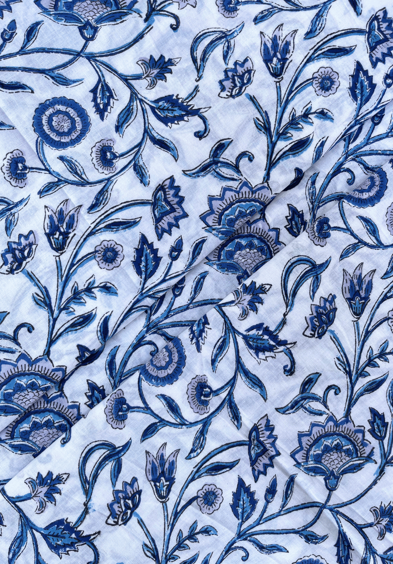 Soft White Fabric with Handprinted Blue Wildflowers