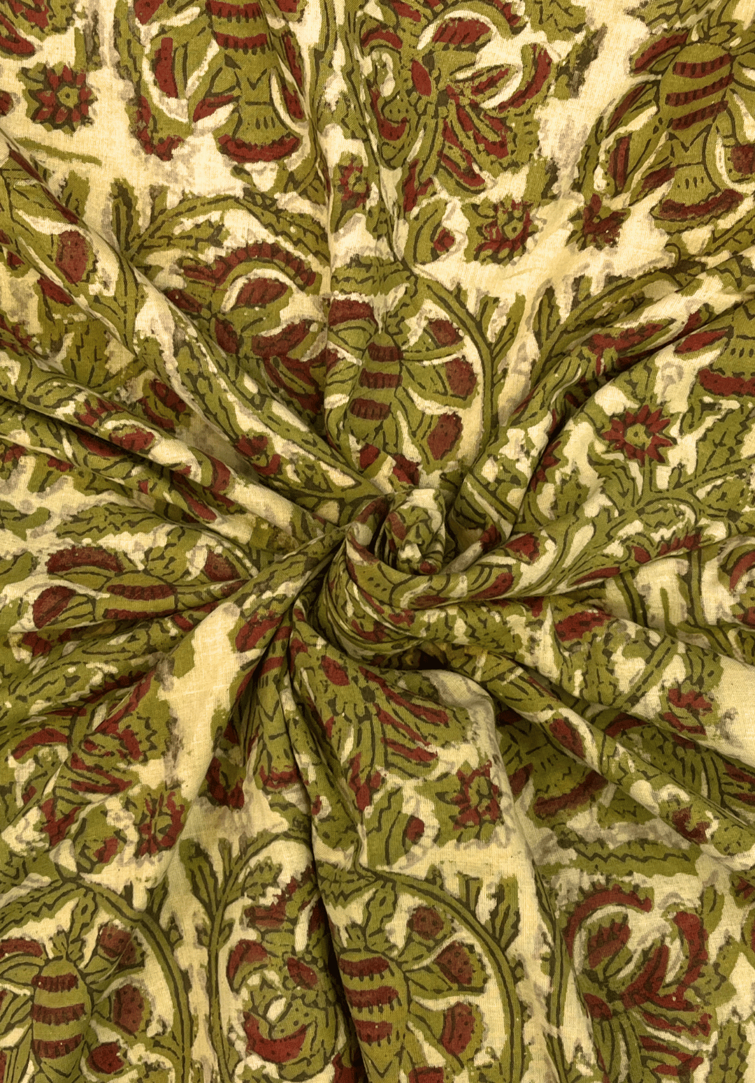 Ornate Floral Vanaspati Cotton - Olive Green & Rust Red