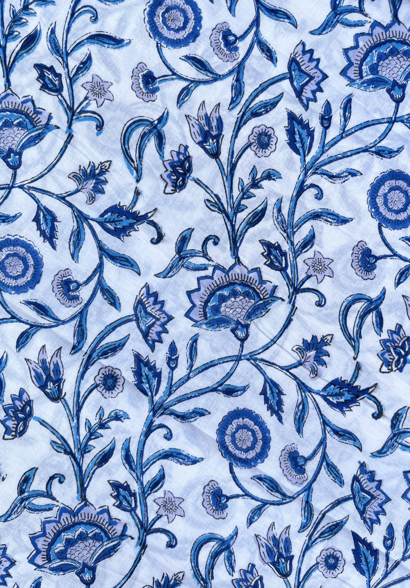 Soft White Fabric with Handprinted Blue Wildflowers