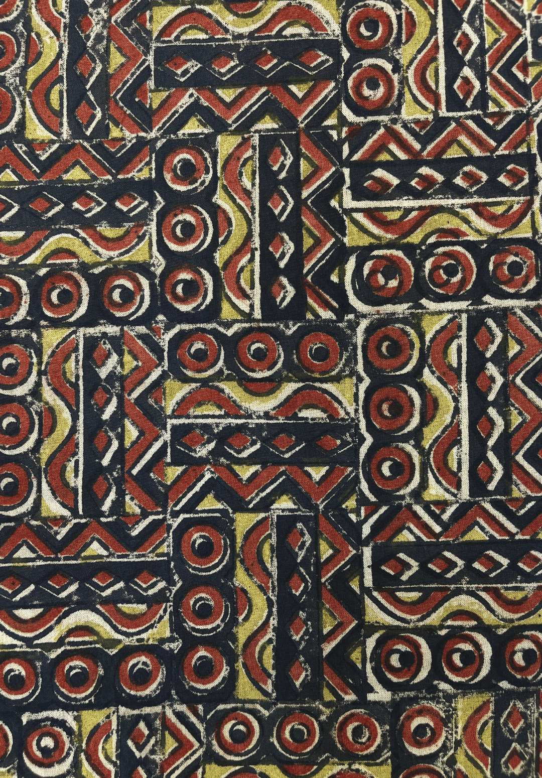 Traditional Printed Kalamkari Fabric with Tribal Mosaic Print on fade Black Background