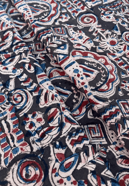 Fade Black & Red Traditional Kalamkari Fabric with Folk Art Motifs