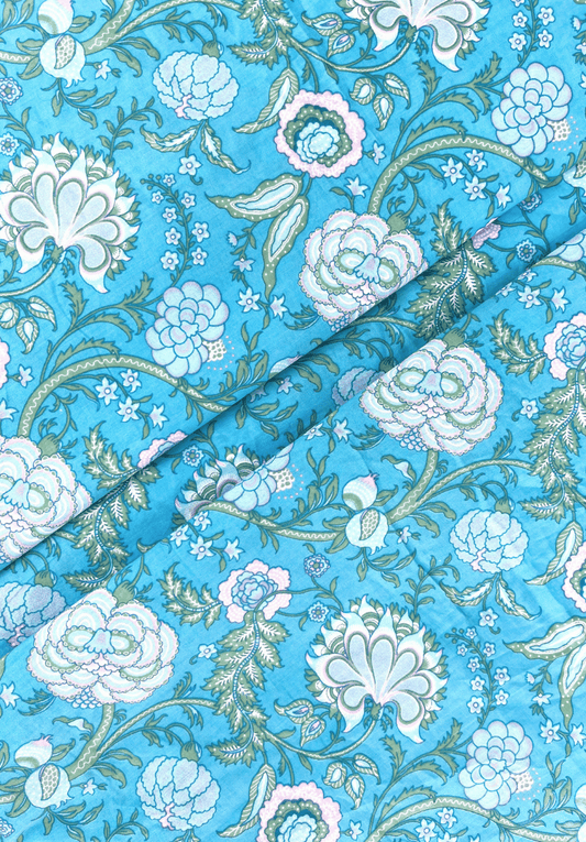 Mint & Lavender Floral Symphony on Aqua Blue Cotton