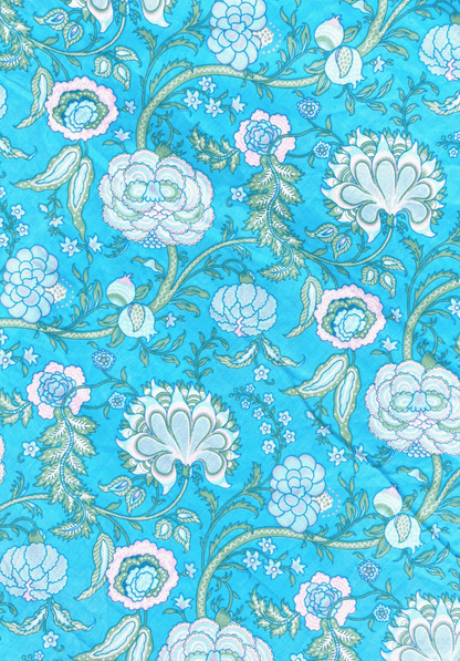 Mint & Lavender Floral Symphony on Aqua Blue Cotton