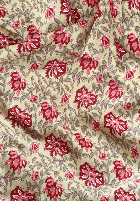 Indian Blossom Trail on Beige with Red & Pink Florals