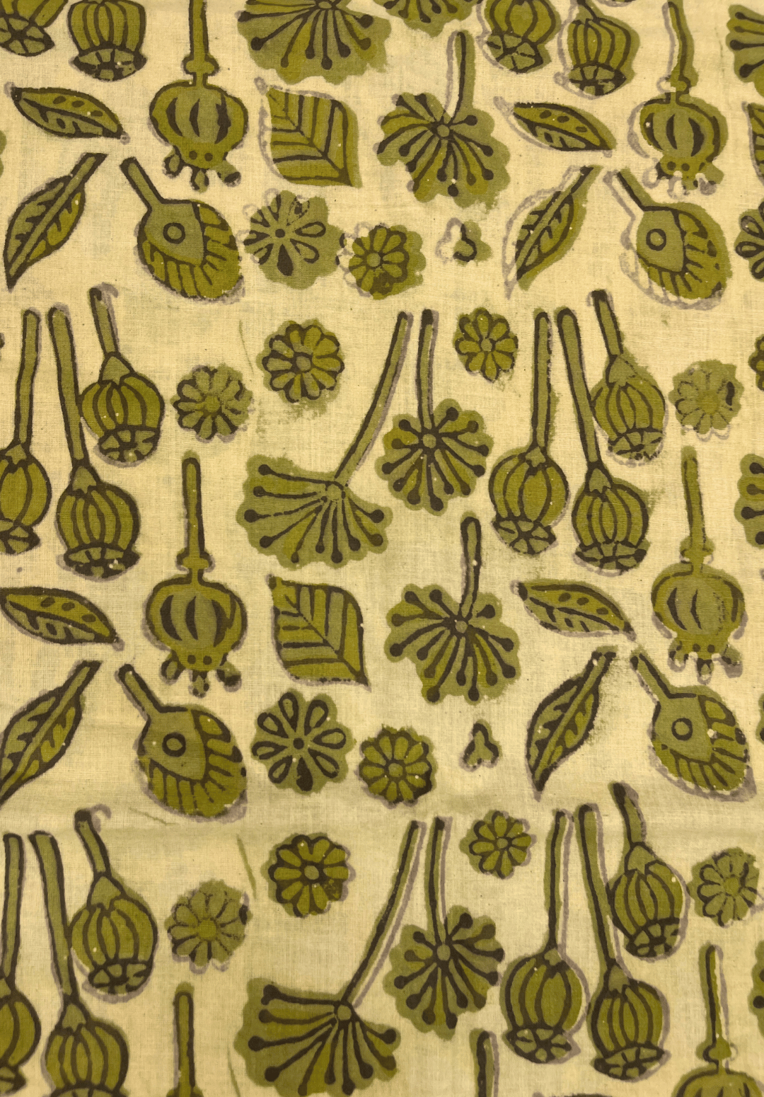 Hand Block Printed Vanaspati Cotton - Olive Green Motifs