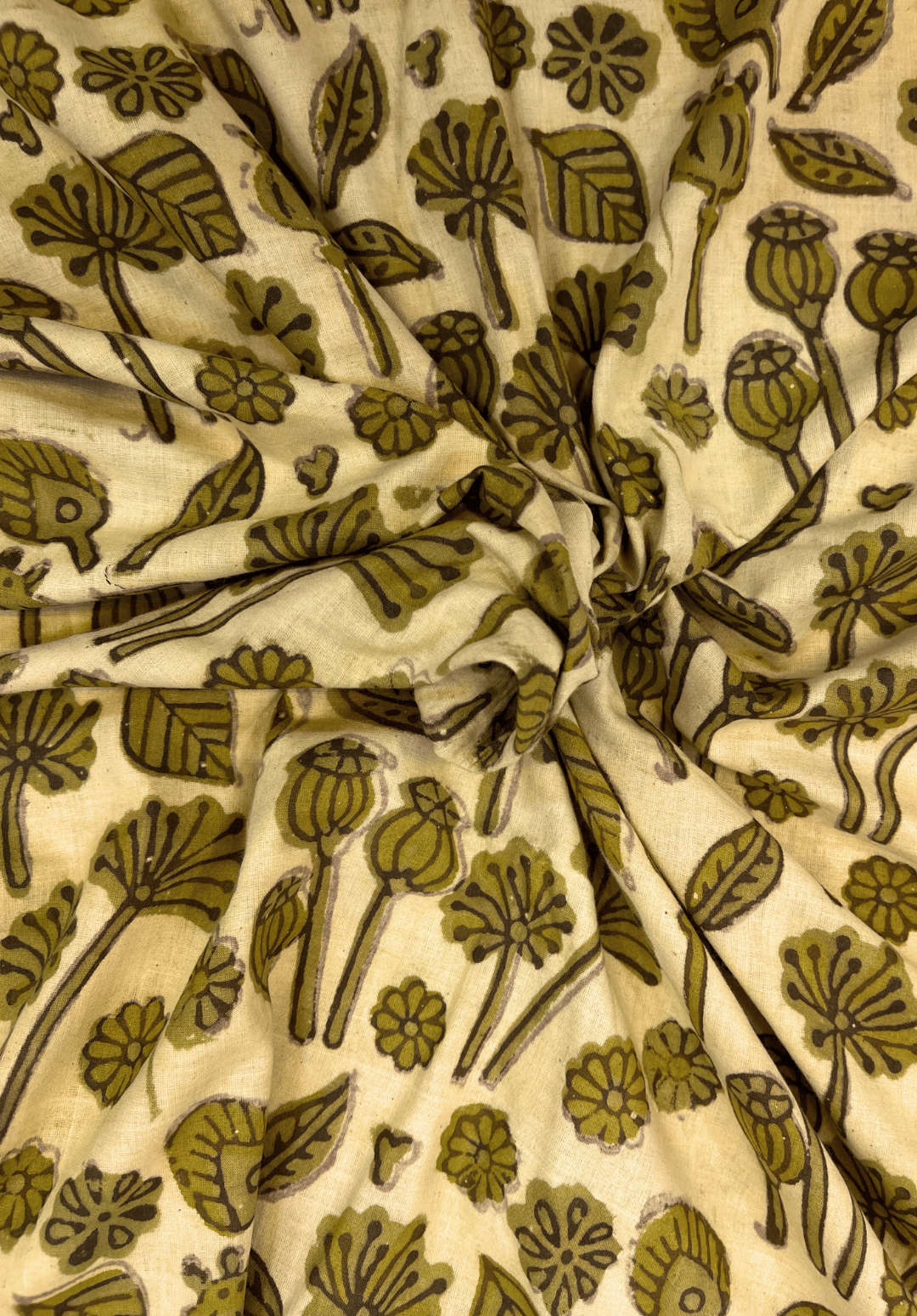 Hand Block Printed Vanaspati Cotton - Olive Green Motifs