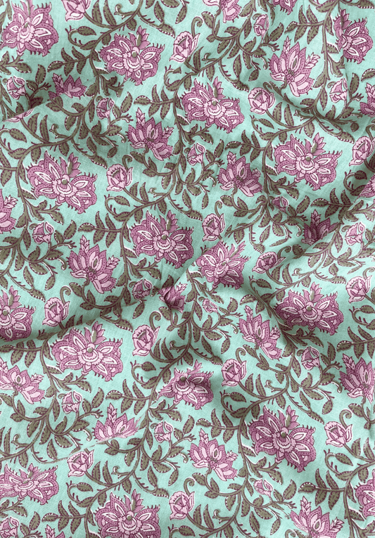 Floral Whisper on Light Teal Cotton with Delicate Pink Blooms