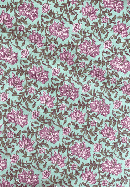 Floral Whisper on Light Teal Cotton with Delicate Pink Blooms