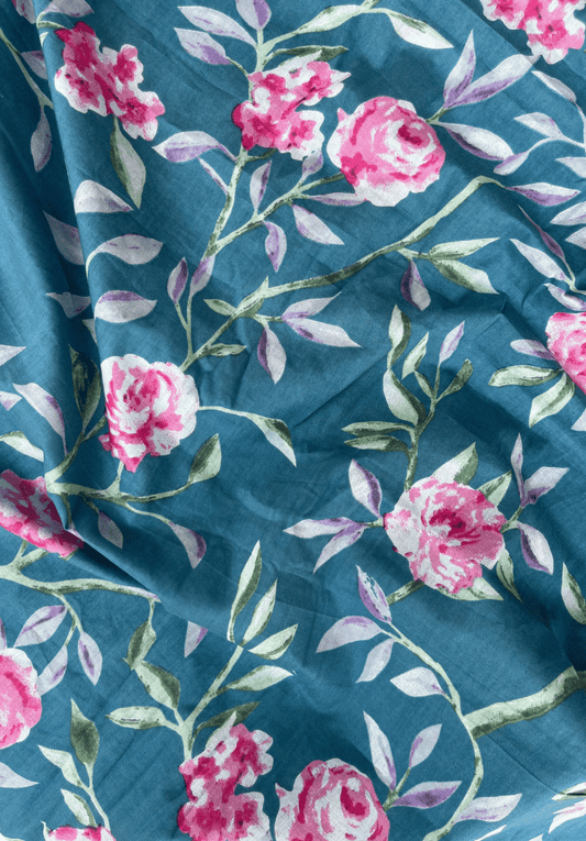 Teal Pink Floral Screen Print Pure Cotton Fabric
