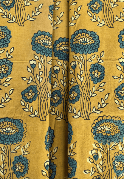 Ajrakh Cotton Fabric – Mustard Yellow Base with Traditional Floral Hand Block Print