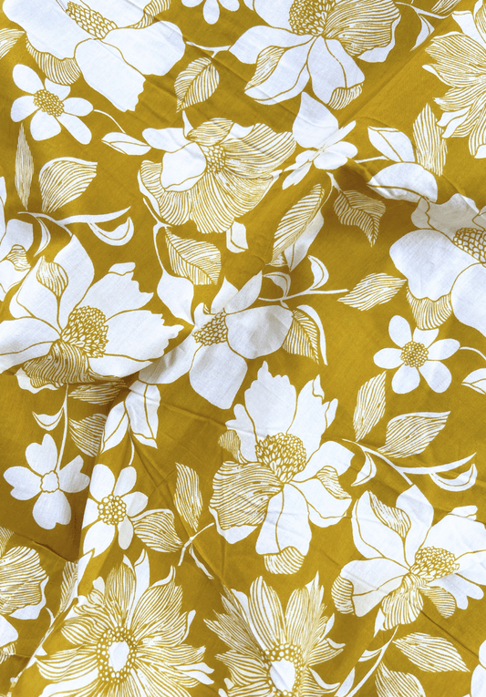 Mustard Yellow White Floral Screen Print Pure Cotton Fabric
