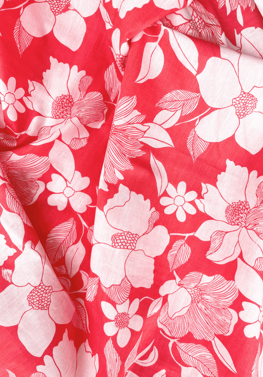 Dark Pink White Floral Screen Print Pure Cotton Fabric