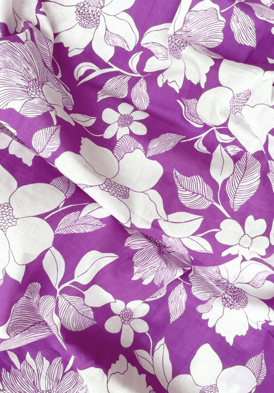 Purple White Floral Screen Print Pure Cotton Fabric