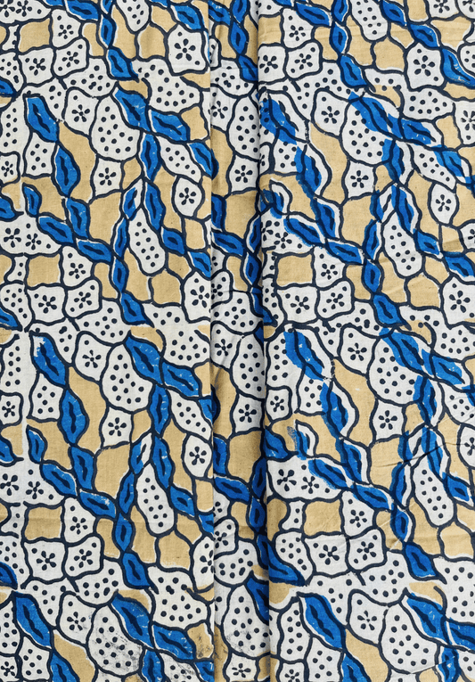Soft Blue & Beige Ajrakh Cotton Fabric | Vintage Floral Block Print