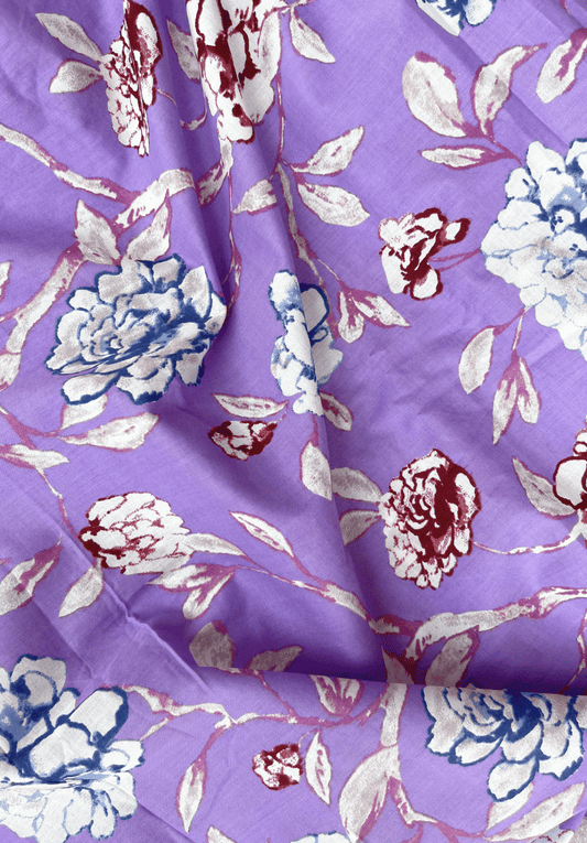 Lavender Blue & Maroon Floral Screen Print Pure Cotton Fabric