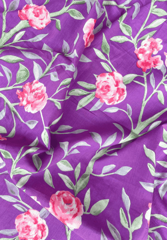 Purple Green & Pink Floral Vine Screen Print Pure Cotton Fabric