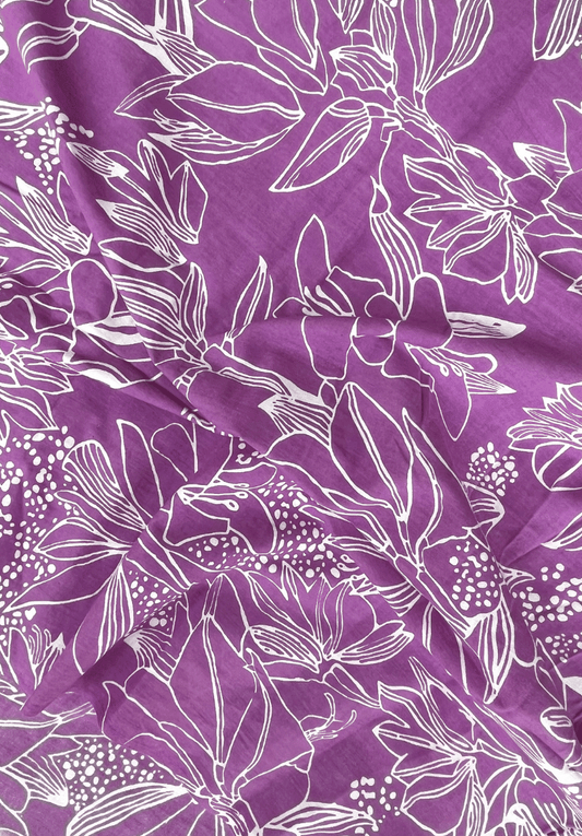 Purple & White Abstract Floral Line Art Screen Print Cotton Fabric