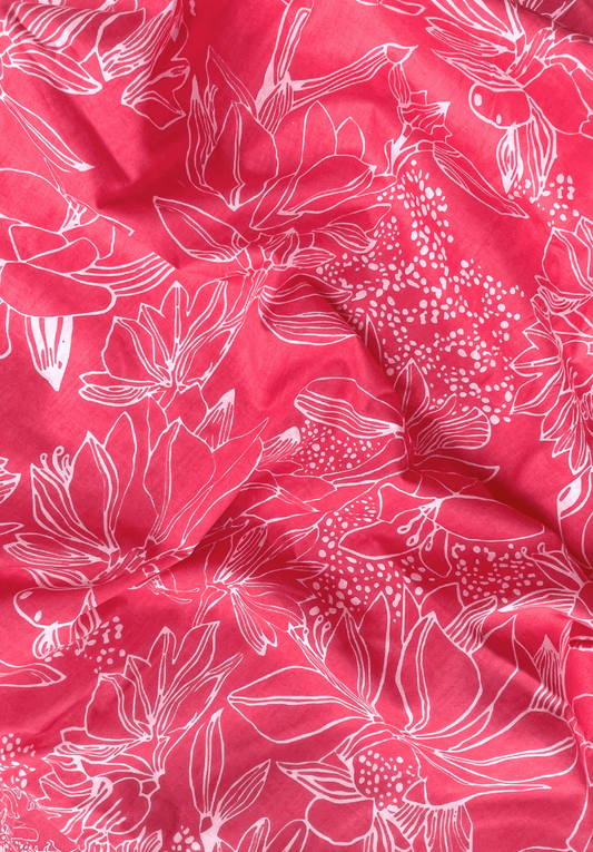 Red & White Abstract Floral Line Art Screen Print Cotton Fabric