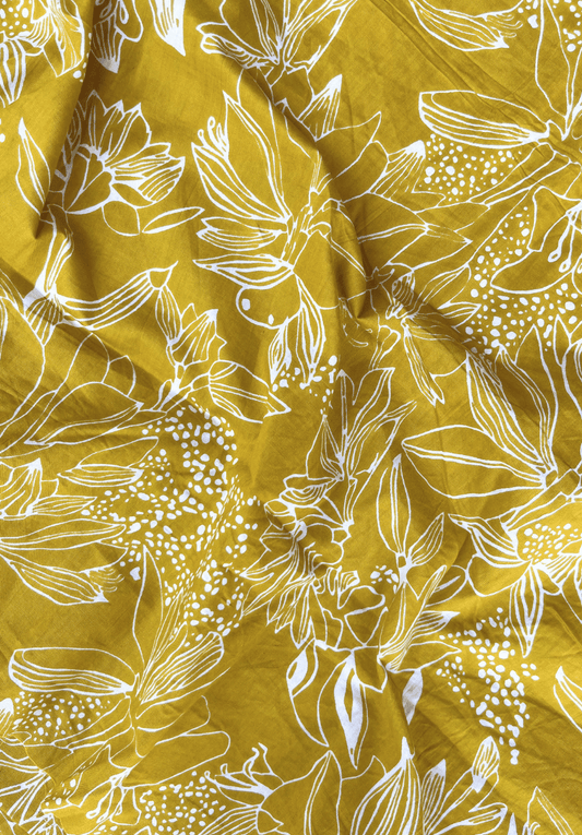 Mustard Yellow & White Abstract Floral Line Art Screen Print Cotton Fabric