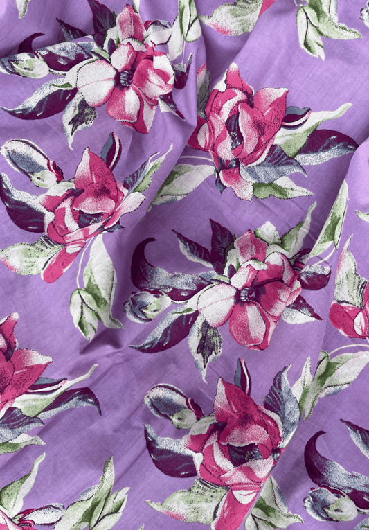 Purple Base Bold Pink & Green Floral Screen Print Cotton Fabric
