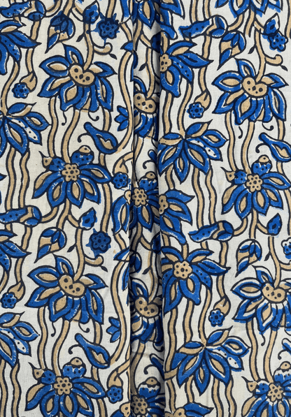 Handcrafted White & Blue Ajrakh Cotton Fabric | Traditional Floral Block Print
