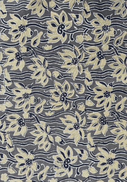 Handcrafted Grey & Lime Ajrakh Cotton Fabric | Traditional Floral Block Print