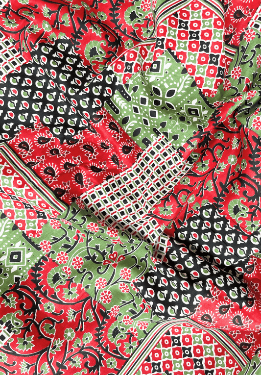 Multicolor Ajrak-Inspired Patch Print Cotton Fabric in Red, Green & Black