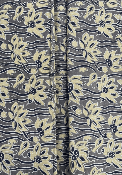 Handcrafted Grey & Lime Ajrakh Cotton Fabric | Traditional Floral Block Print