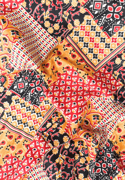 Multicolor Ajrak-Inspired Patch Print Cotton Fabric in Red, Yellow & Black