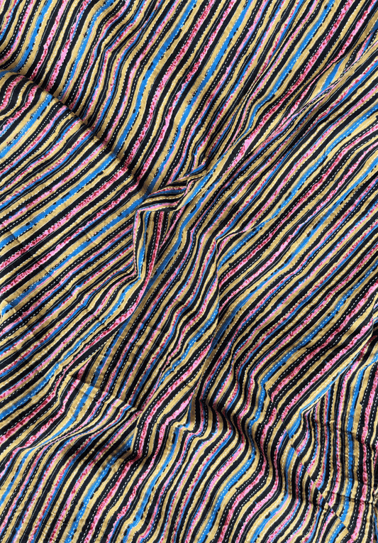 Multicolor Striped Kantha Cotton Fabric with Screen Print
