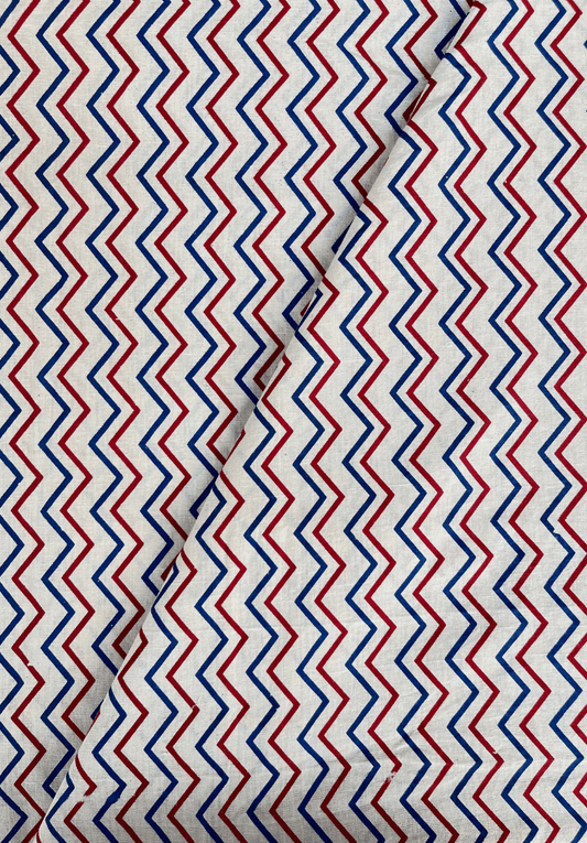 Hand-Block Printed Cotton Fabric | Red & Blue Zigzag Geometric Textile