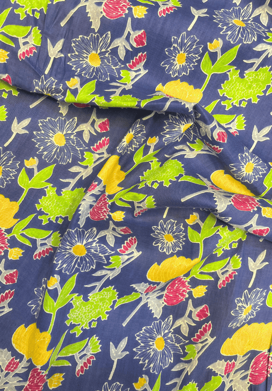 Dark Blue base cotton with yellow pink and white floral print