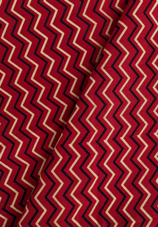 Hand-Block Printed Cotton Fabric | Red & Black Chevron Zigzag Pattern