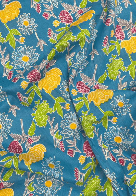 Fade Blue base cotton with yellow pink and white floral print