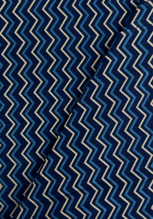 Hand-Block Printed Cotton Fabric | Blue & White Chevron Zigzag Pattern