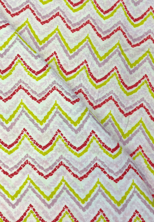 Chevron printed cotton fabric in red, lime, and lavender