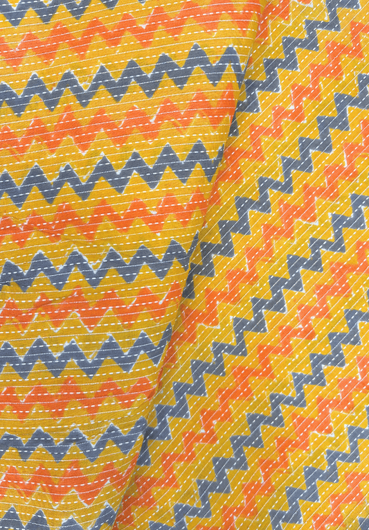 Yellow Base chevron cotton fabric with kantha stitch detailing